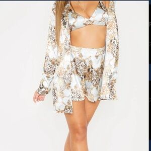 Pretty Little Thing Light Blue Chain Print Satin 3 Piece Set US8 UK12 EU40 $107